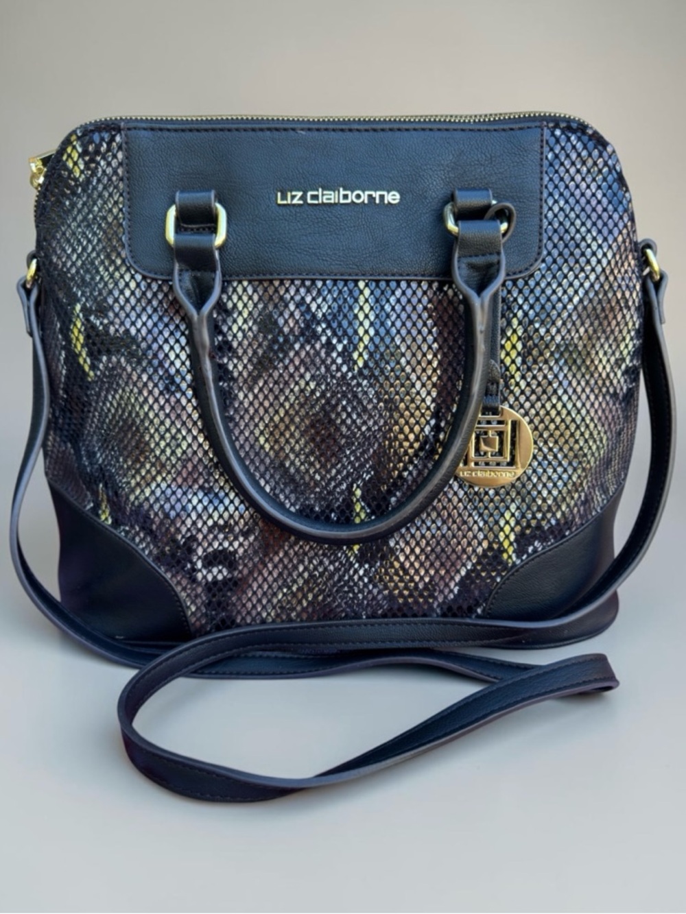 LIZ CLAIBORNE Two-Way Satchel / Crossbody Bag. Faux Multicolor Snakeskin. NWOT.